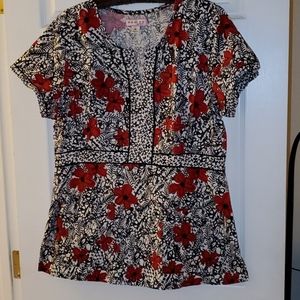 Koi Scrub Top Black White Red Flowers